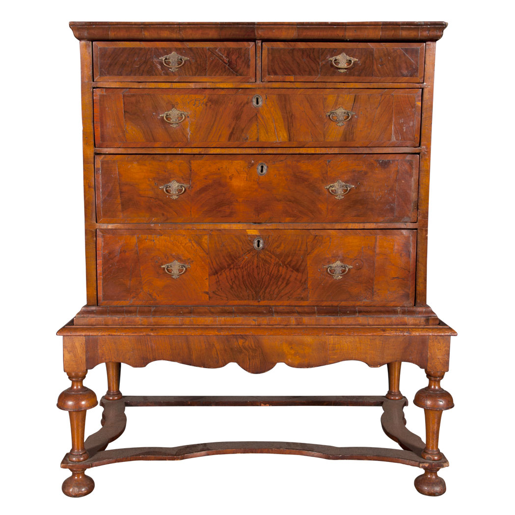 Appraisal: William and Mary Style Inlaid Walnut Chest on Stand Partially