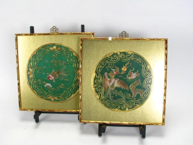 Appraisal: Pair of Framed Oriental Silk Weavings depicting fish and dragons