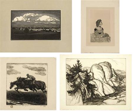 Appraisal: prints Three etchings by Haskell wood engraving by Albee wood