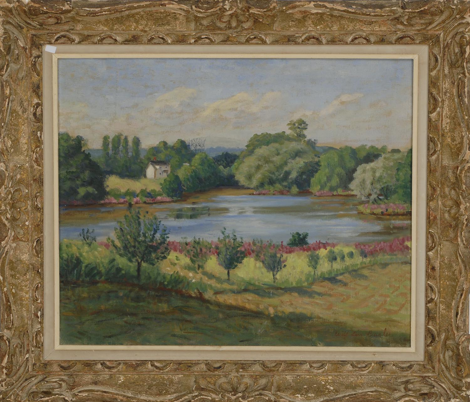 Appraisal: FRAMED PAINTING UNTRACED ARTIST Lakeside landscape with flowers Signed lower