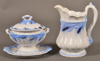 Appraisal: Ironstone Blue Wheat Sauce Tureen and Pitcher Ironstone China Blue