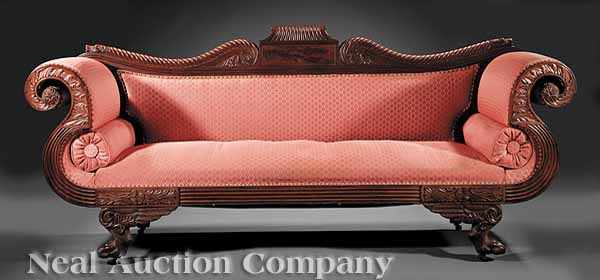 Appraisal: An American Classical Carved Mahogany Sofa c Philadelphia scrolled crest