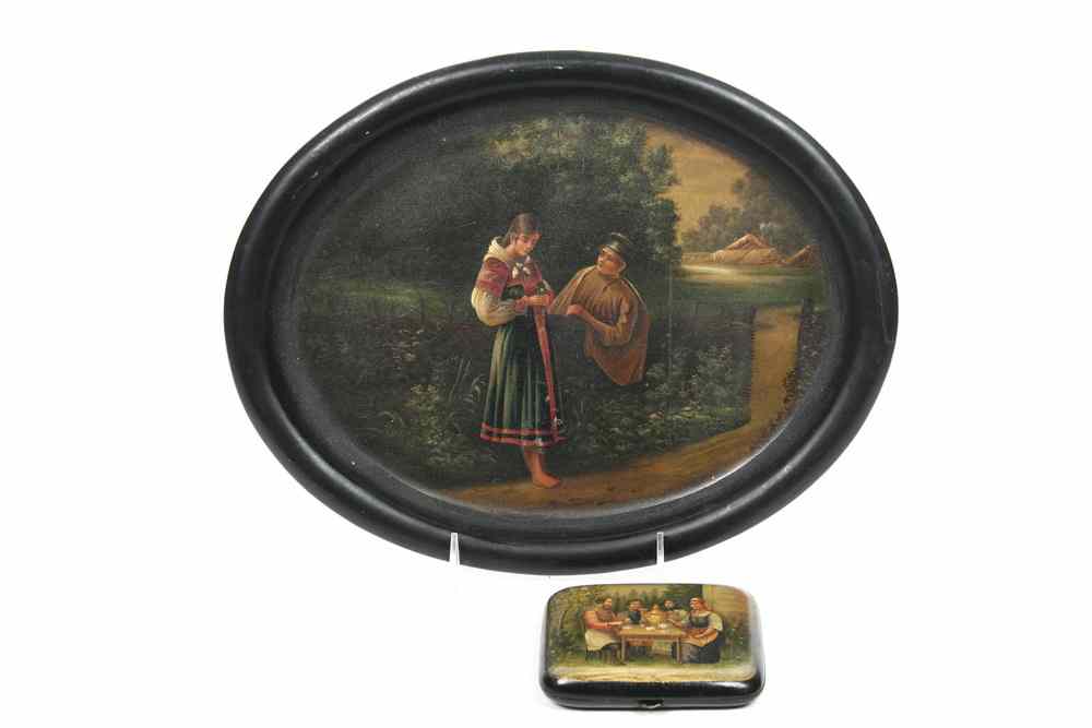 Appraisal: th c RUSSIAN PAINTED TRAY BOX - Lacquered metal tray