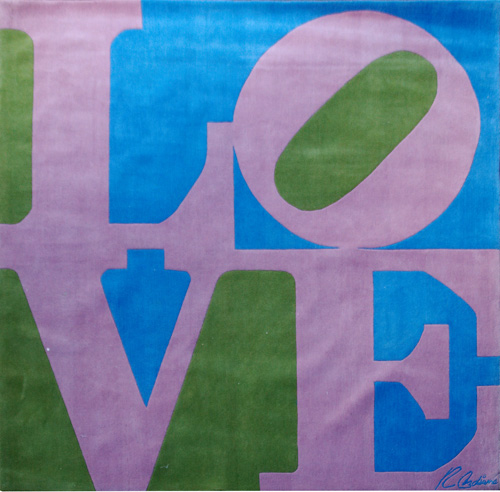 Appraisal: ROBERT INDIANA Wool Love rug with mauve lettering on blue