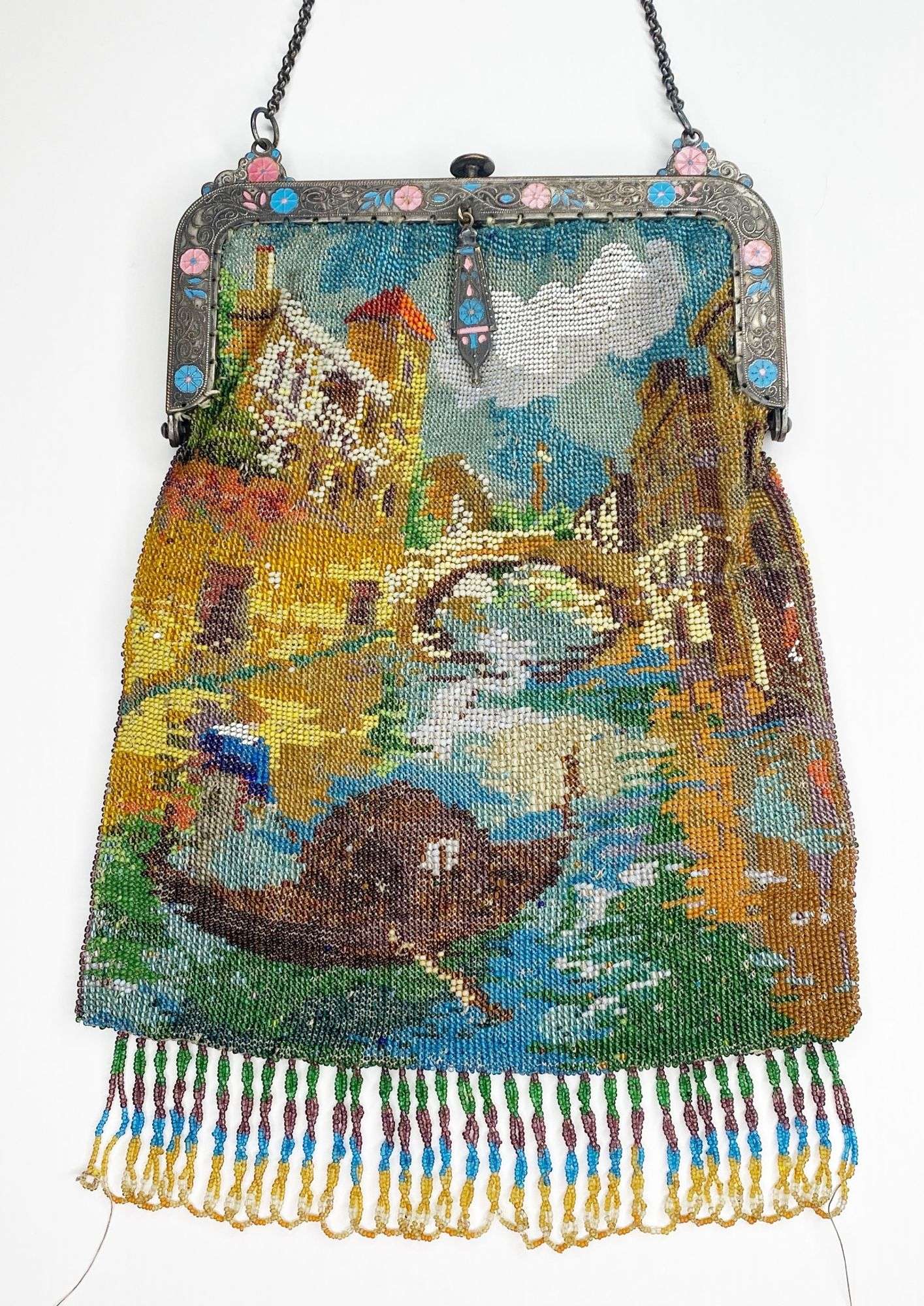 Appraisal: Micro Beaded Purse with Venice Canal Scene and Enameled Frame