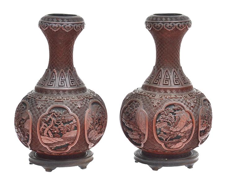 Appraisal: A PAIR OF TH CENTURY CHINESE CARVED CINNABAR LACQUERED BALUSTER