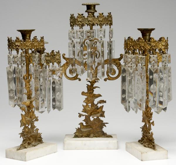 Appraisal: GARNITURE SET Three piece set of bronze girondoles with prisms