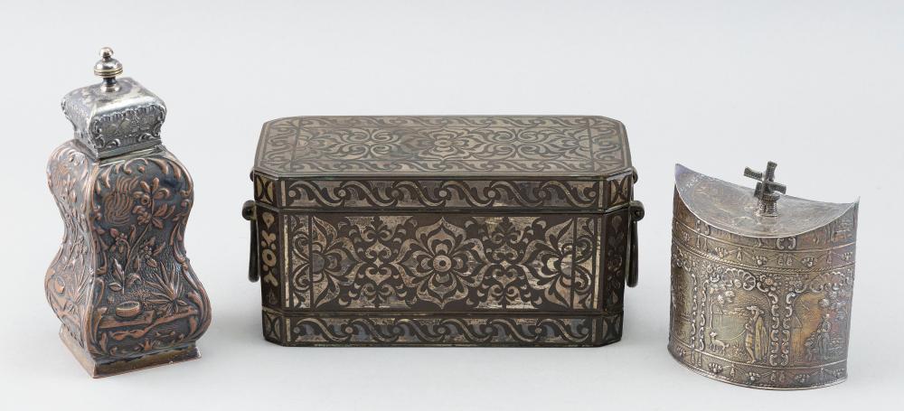 Appraisal: THREE METAL TEA CADDIES TH TH CENTURYTHREE METAL TEA CADDIES