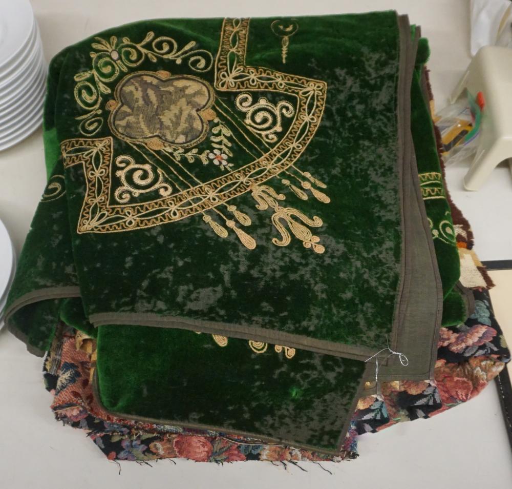 Appraisal: Embroidered Green Velvet Table Cover and Two Machine Tapestry Panels