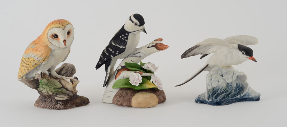 Appraisal: BOEHM PORCELAIN BIRDS Downy Woodpecker Barn Owl and Common Tern