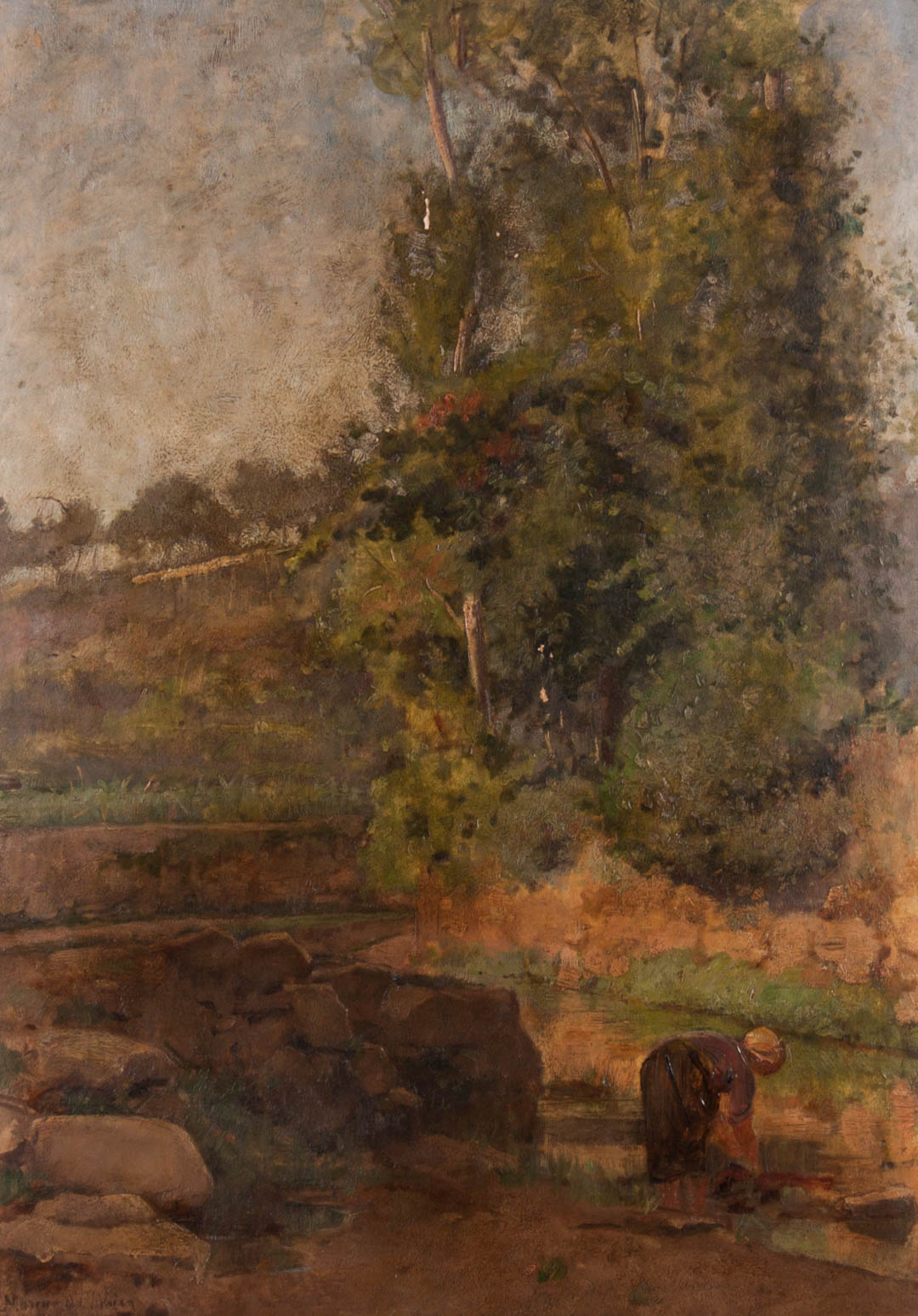 Appraisal: French School th c Landscape with Figure oil Oil on