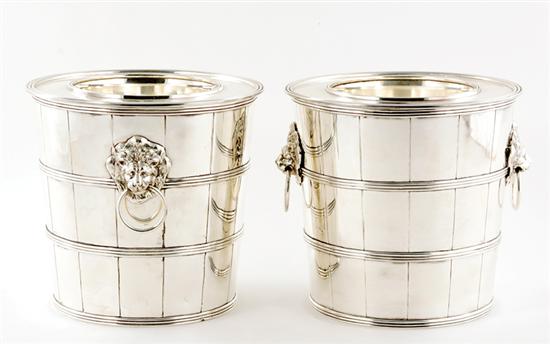 Appraisal: Pair English silverplate wine coolers bound pail forms flanked by