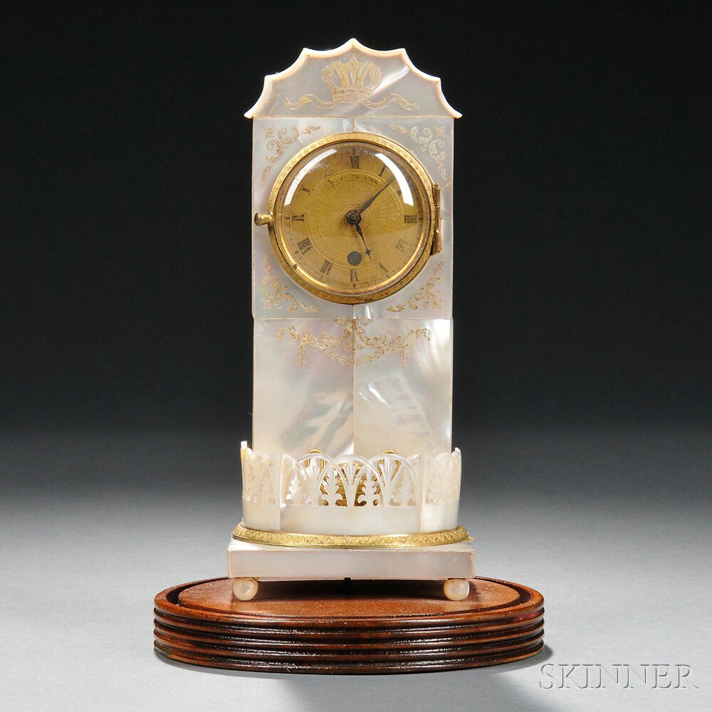 Appraisal: Viennese Mother-of-pearl Clock Austria late th century tower form inscribed