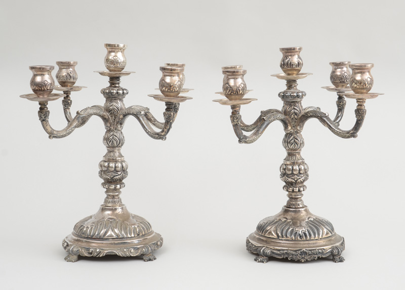 Appraisal: PAIR OF MEXICAN STERLING SILVER BAROQUE STYLE FIVE-LIGHT CANDELABRA Impressed