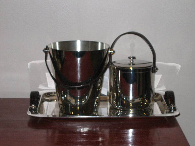 Appraisal: THREE-PIECE TOWLE PLATED SILVER BAR SET including wine bucket lidded