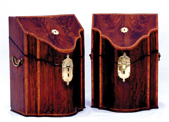 Appraisal: Pair Georgian mahogany inlaid knife boxes late th century contoured