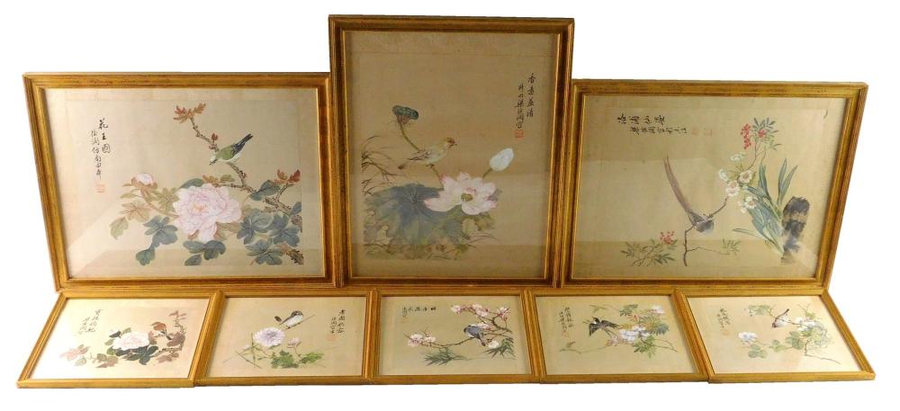 Appraisal: ASIAN Eight framed Asian watercolors on silk featuring birds on