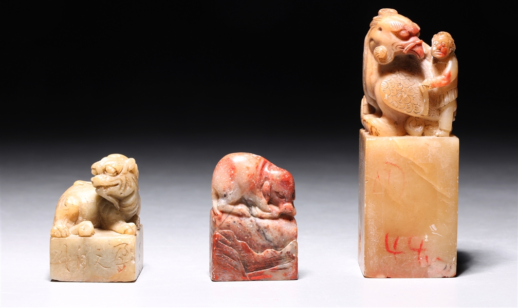 Appraisal: Three Chinese soapstone seals including larger rectangular soapstone seal with