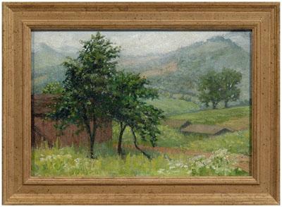 Appraisal: Southern mountain landscape buildings distant mountains unsigned oil on fiber