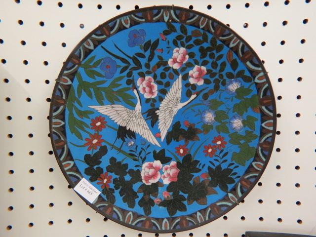 Appraisal: Japanese Cloisonne Charger flying crane floral design blue field excellent