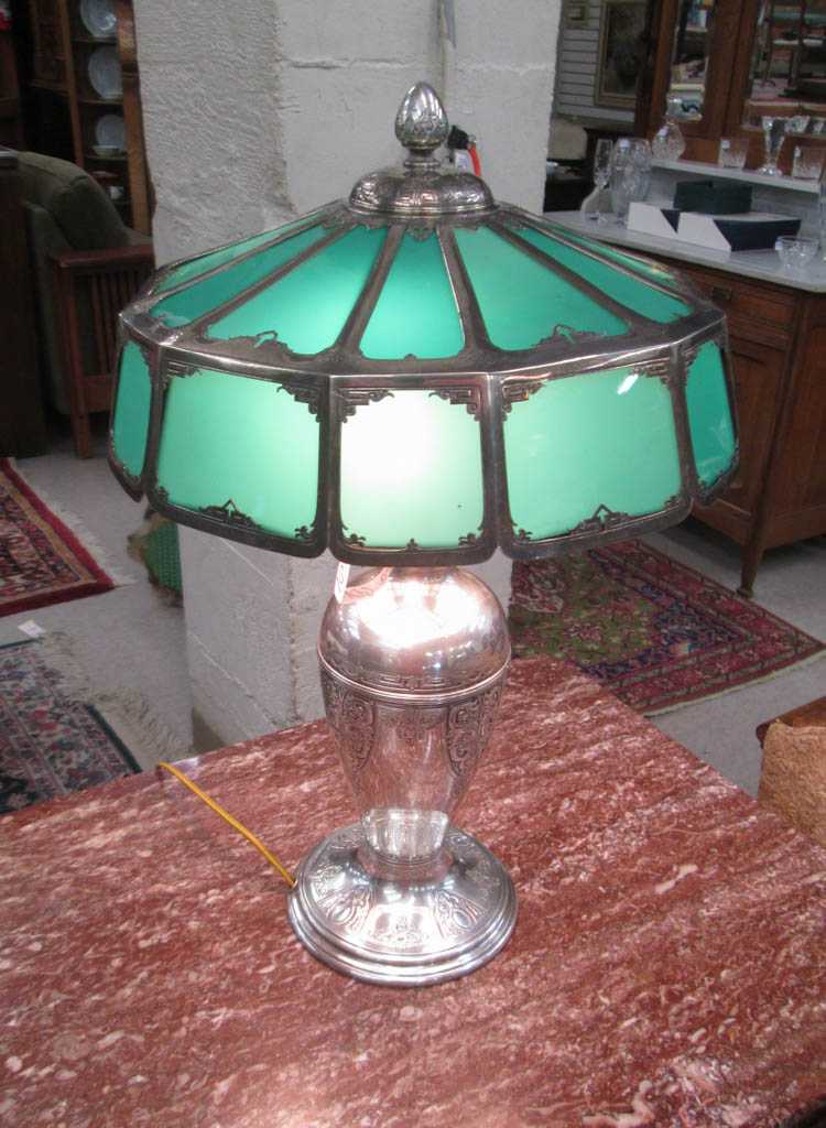 Appraisal: SILVER AND GLASS PANEL TABLE LAMP with paneled cased green