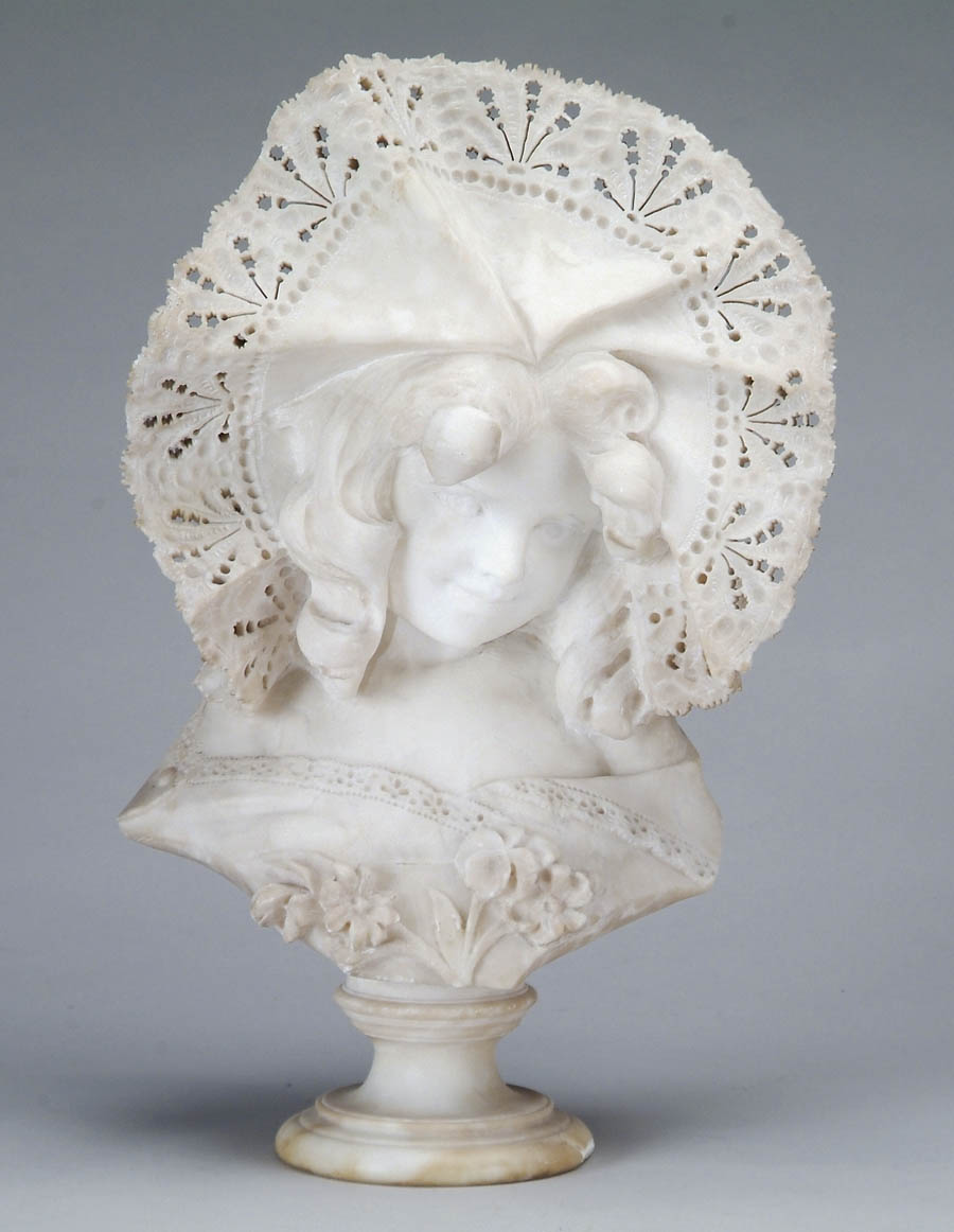 Appraisal: LARGE ALABASTER SCULPTURE OF GIRL WITH LARGE BONNET Carved bust