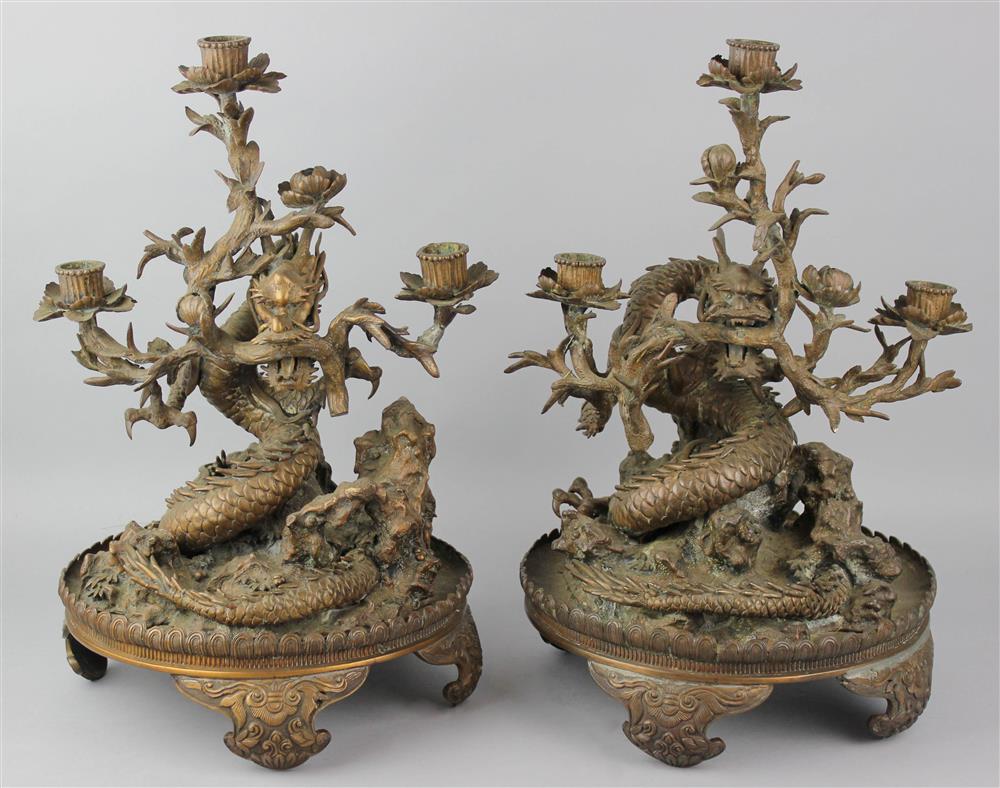 Appraisal: PAIR OF JAPANESE BRONZE CANDELABRA UNSIGNED MEIJI PERIOD LATE TH