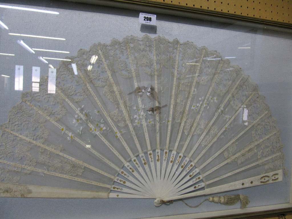 Appraisal: Ivory and lace fan in display case