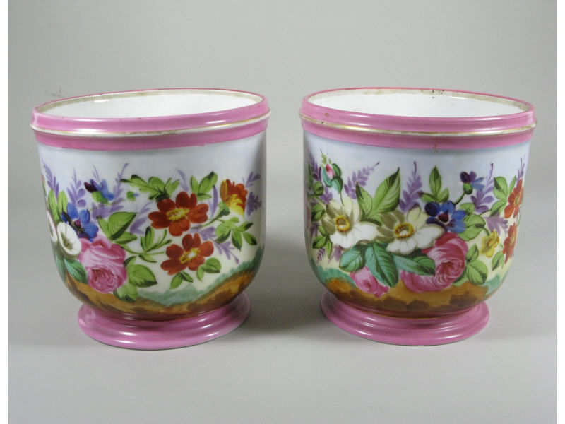 Appraisal: Pair of Cache Pots th c china with hand painted