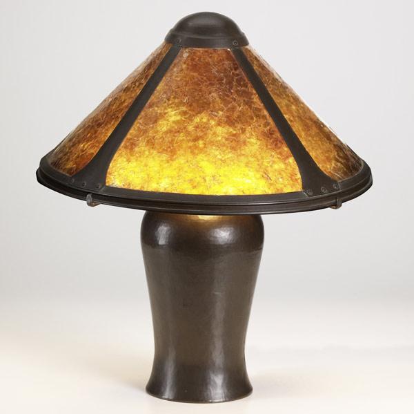 Appraisal: DIRK VAN ERPHammered copper and mica four-panel two-socket table lampWindmill