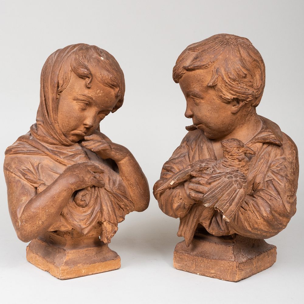 Appraisal: Two Continental Painted Earthenware Busts of Children Comprising A child