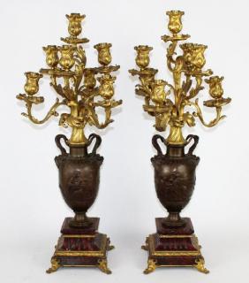 Appraisal: Pair F Barbedienne bronze urn form candelabra A fine pair