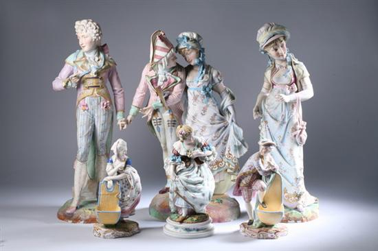 Appraisal: SIX FRENCH POLYCHROME GLAZED BISQUE PORCELAIN FIGURES late th century