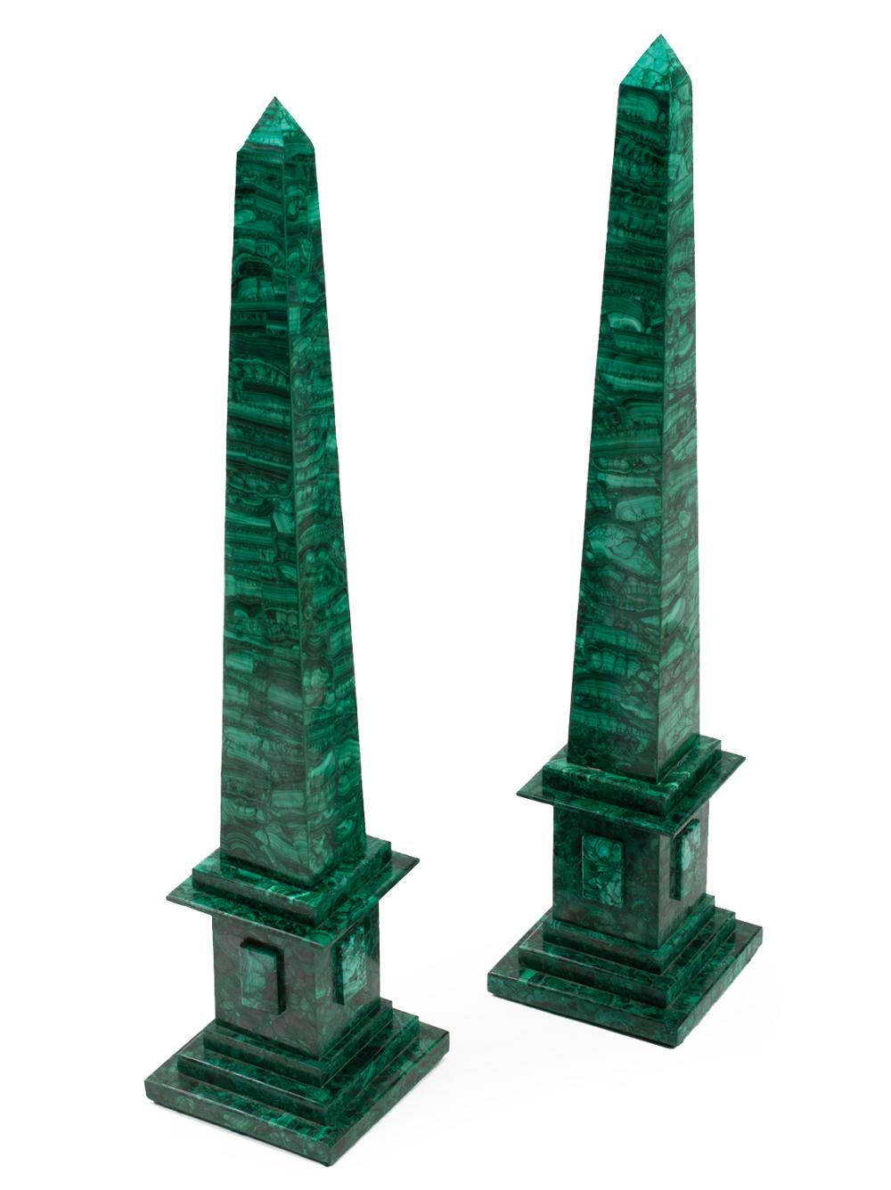 Appraisal: Pair of Continental Malachite Obelisks tall stepped base h in