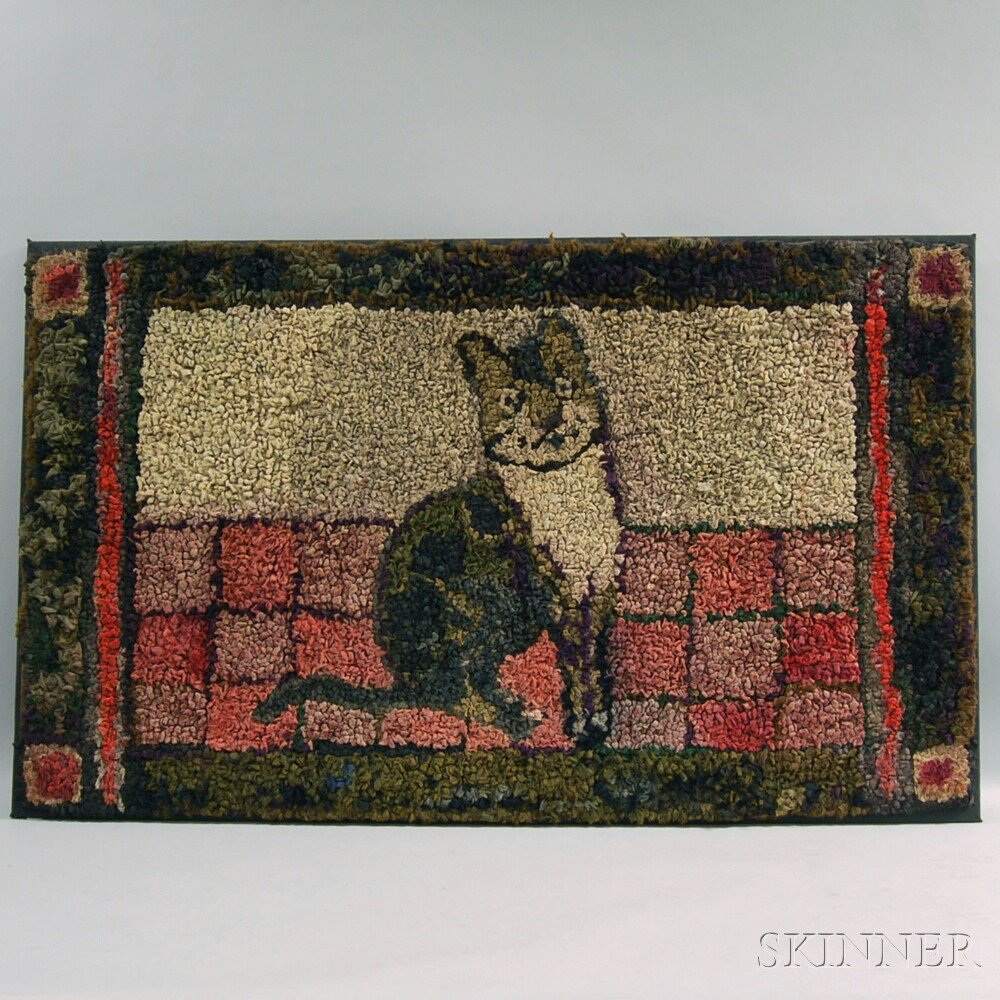 Appraisal: Pictorial Hooked Rug of a Cat on a Red Tiled