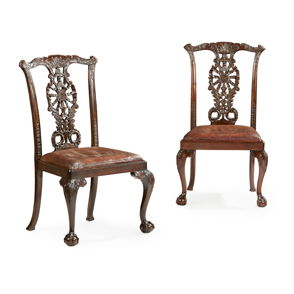 Appraisal: PAIR OF CHIPPENDALE STYLE 'RIBBAND BACK' MAHOGANY SIDE CHAIRS TH