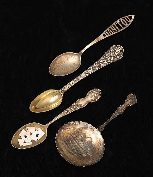 Appraisal: A group of sterling flatware decorated as souvenirs Comprising teaspoons