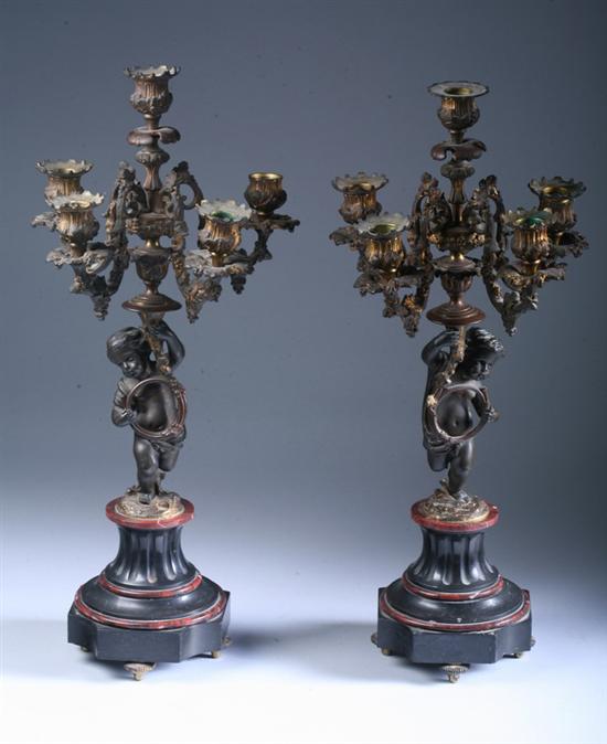 Appraisal: PAIR LOUIS XV-STYLE BRONZE AND MARBLE FIVE-LIGHT CANDELABRA th century