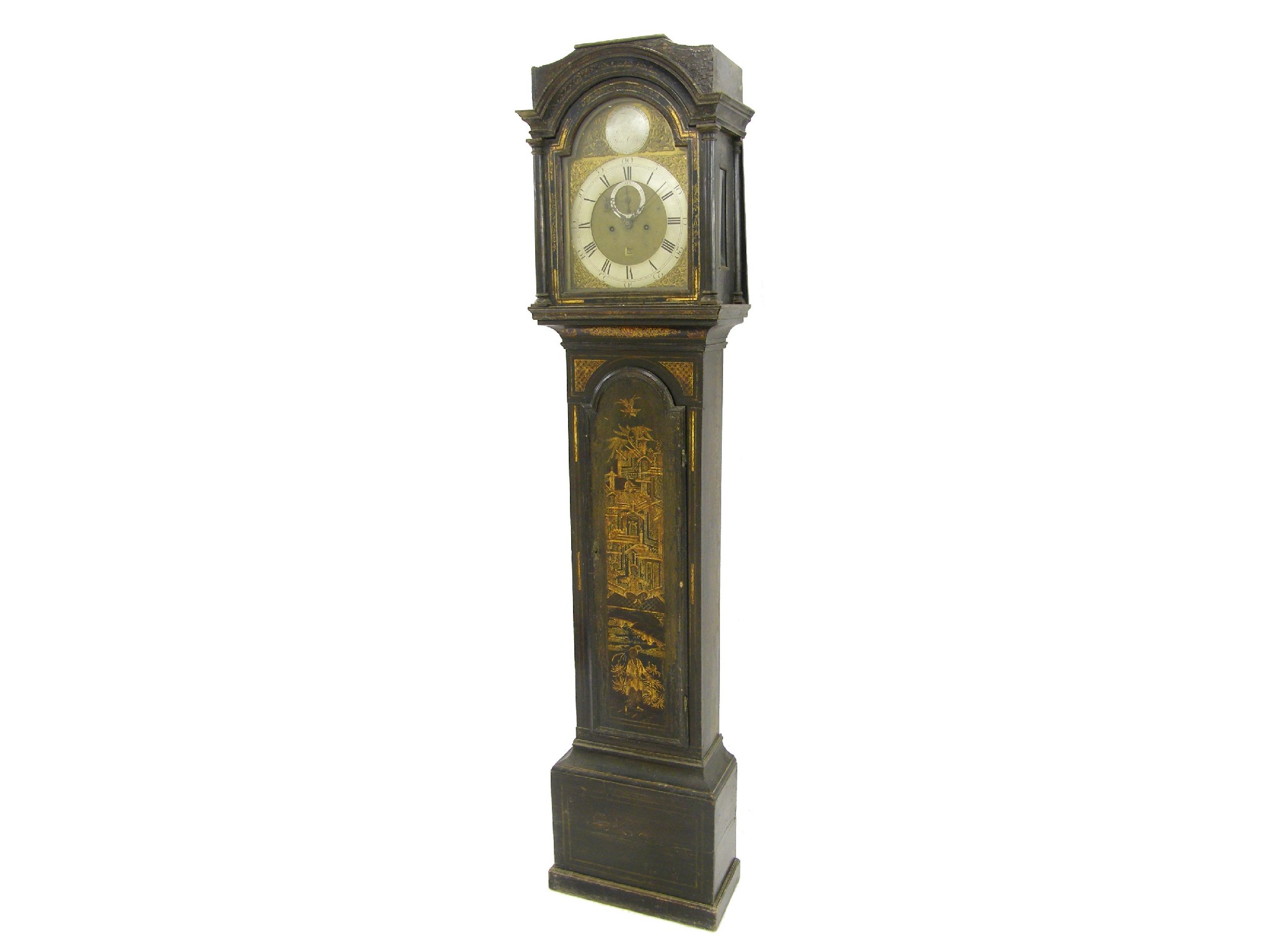 Appraisal: Black lacquer and chinoiserie decorated eight day longcase clock with