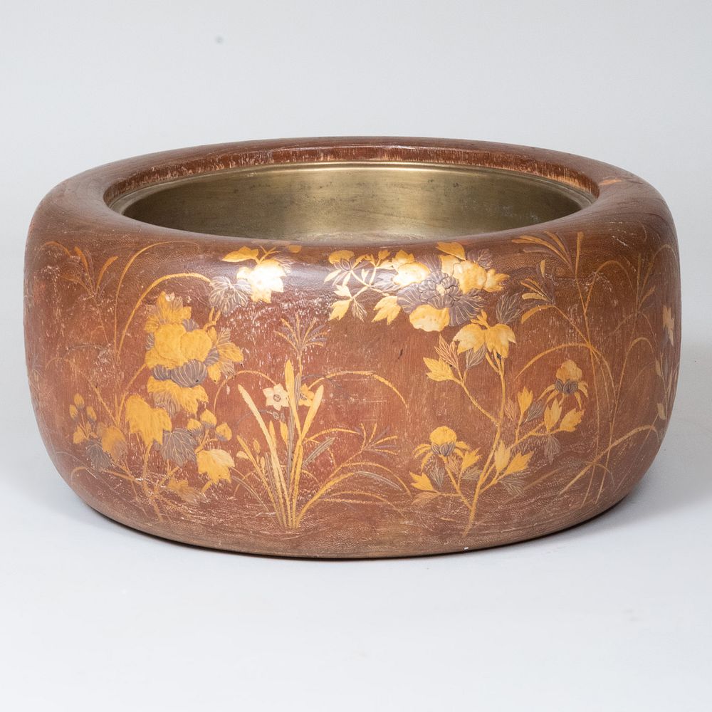 Appraisal: Japanese Lacquer Hibachi With metal liner stamped character mark to