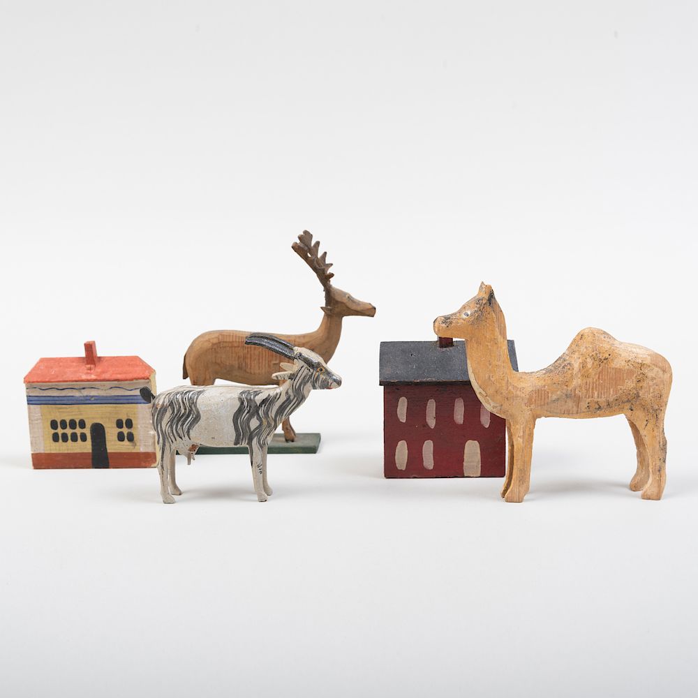 Appraisal: Folk Art Painted Wood Models of Animals and Houses Comprising