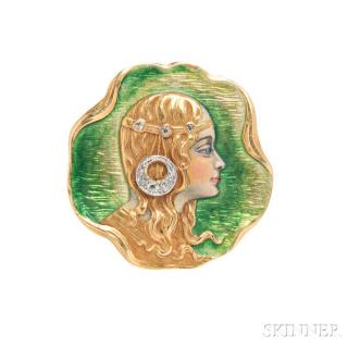 Appraisal: Art Nouveau kt Gold Enamel and Diamond Watch Pin depicting