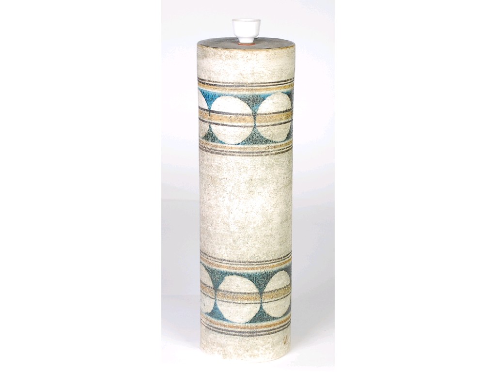 Appraisal: TROIKA CORNWALL CYLINDRICAL POTTERY TABLE LAMP BASE painted in tones