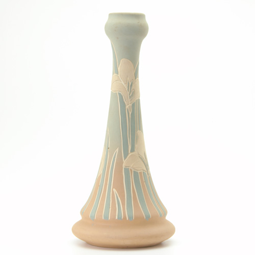 Appraisal: OWENS Tall taperd vase incised with irises on a shaded