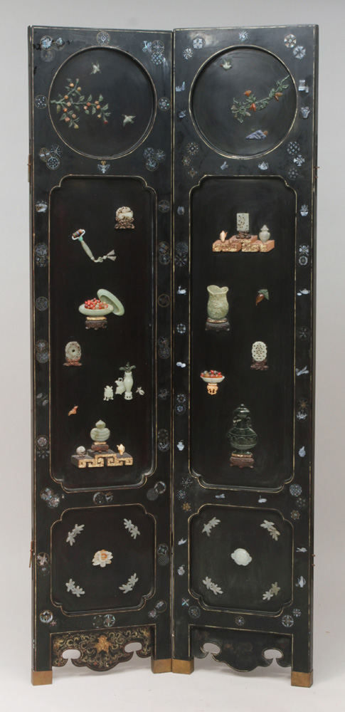 Appraisal: Pair of Chinese Black Lacquer and Mother-of-Pearl Hardstone and Jade