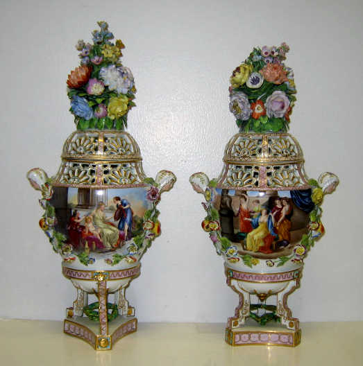 Appraisal: PAIR OF MEISSEN STYLE PORCELAIN POT POURRI URNS Carl Thieme