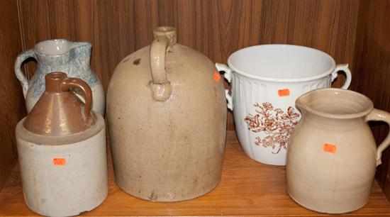 Appraisal: Salt glazed stoneware jug brownware jug two ceramic pitchers and