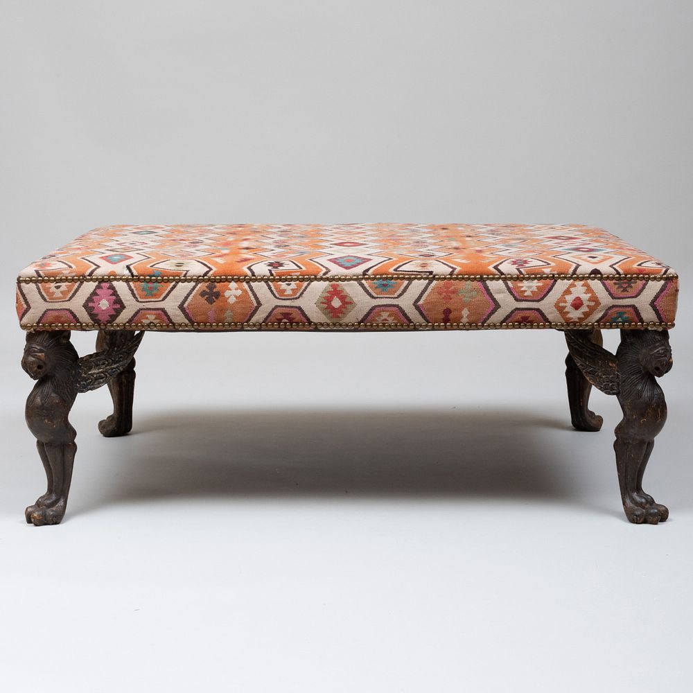 Appraisal: Thracian Kilim Upholstered Ottoman with Carved Teak Legs x x