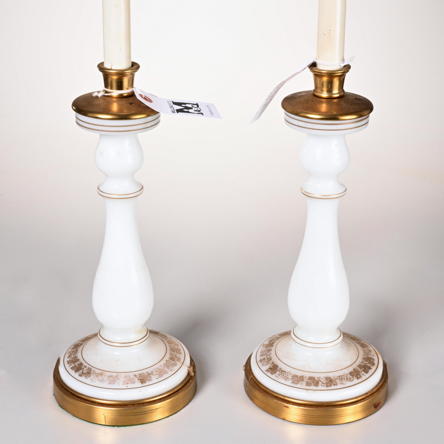 Appraisal: PAIR GILT WHITE OPALINE GLASS TABLE LAMPS th c unmarked