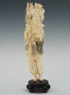 Appraisal: Carved Ivory Fisherman with Cabbage Leaf Hat Standing fisherman with